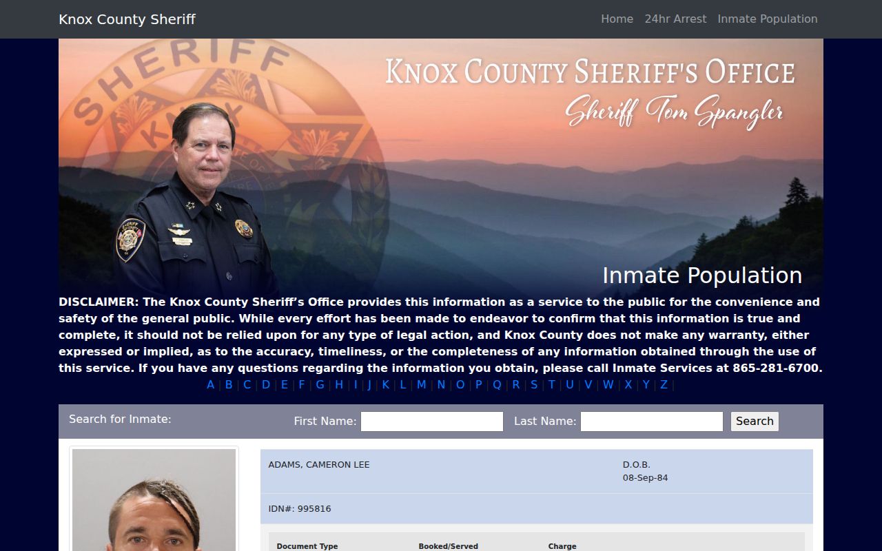 Knox County resident lookup on the Knox County inmate population search