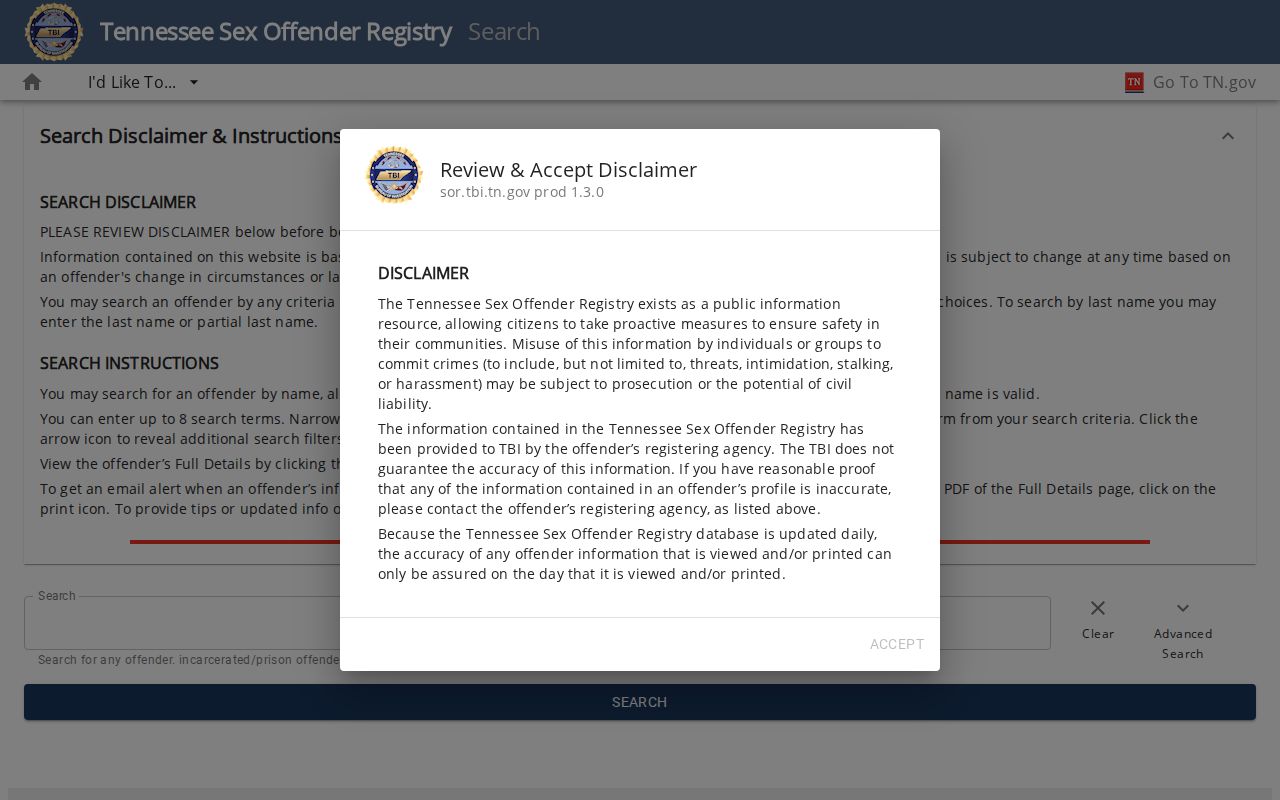 Knox County resident lookup using Tennessee TBI offender registry search controls